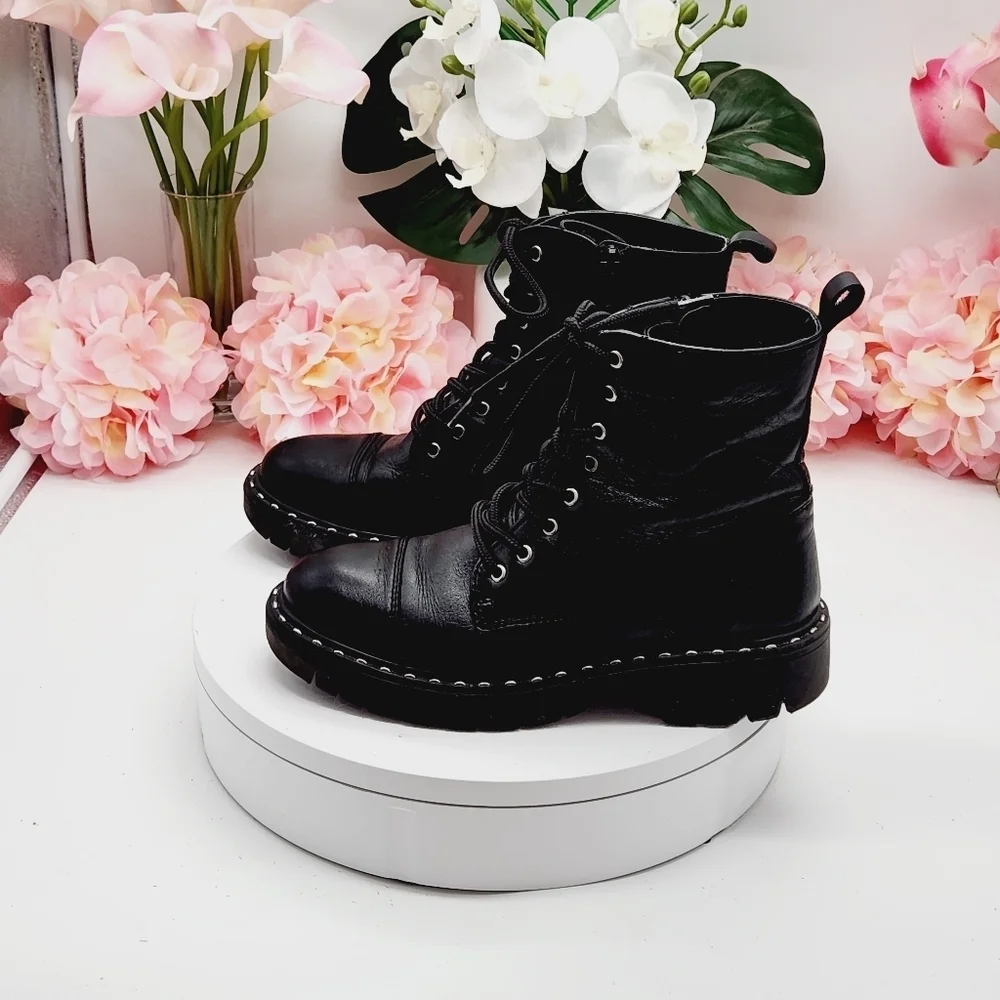 Aldo Gwemma Combat Moto Combat Geniune Leather Black Boots Staple Studded Sz 7